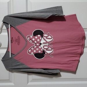 Disney Minnie Mouse Ears Loves & Hugs Pink Grey V Neck 3/4 Sleeve Tee Size Large